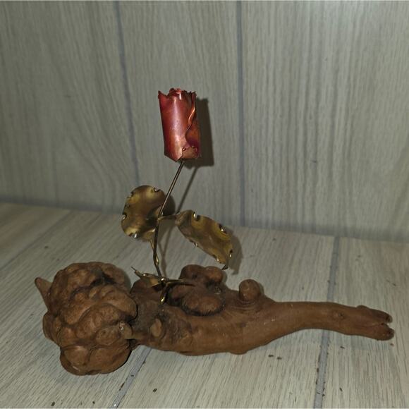 Vtg Copper Rose Bud On Burl Wood Base Sculpture Handmade Brutalist MCM Love - Picture 2 of 7